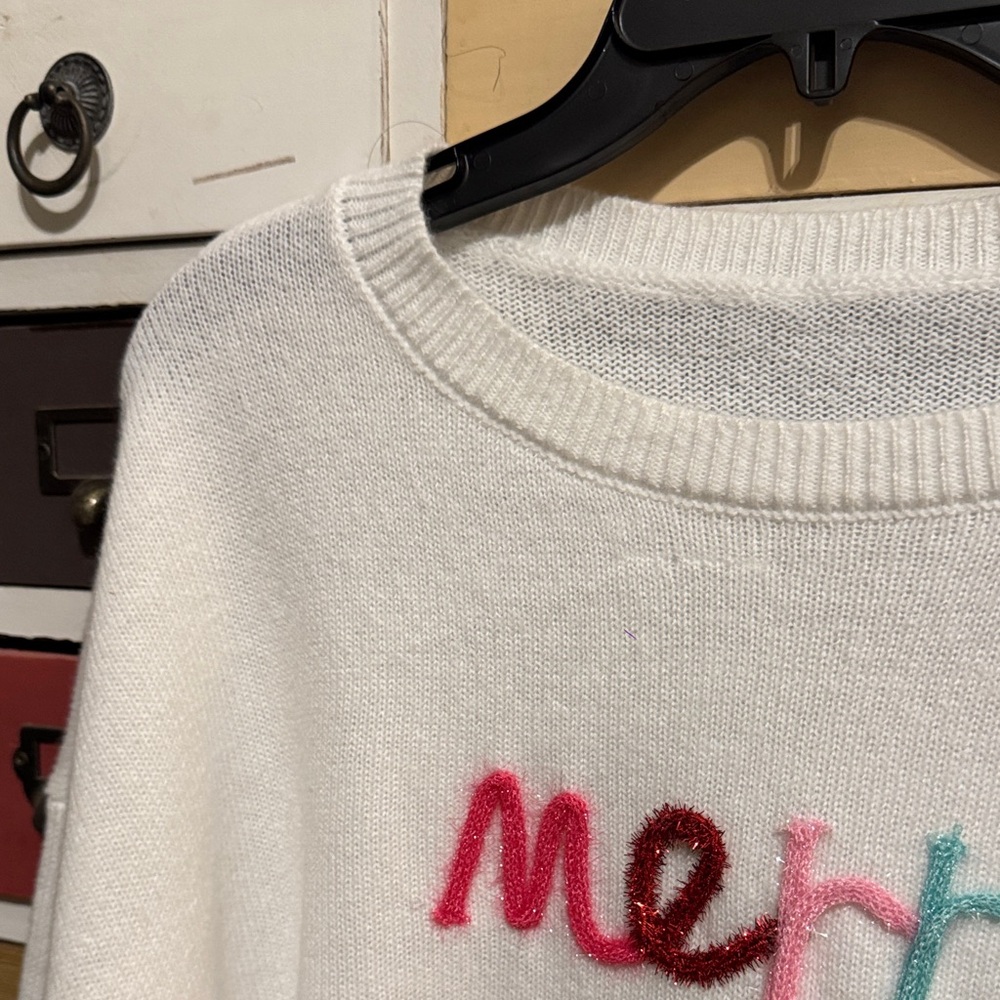 Festive White Sweater with Colorful Design— “Merry & Bright” - Picture 8 of 10